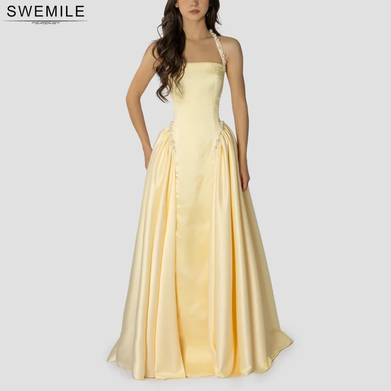 

SWEMILE Yellow Satin Pearl Evening Dresses 2026 A-line Corset Halter Prom Dresses Wedding Party Gowns فساتين سهره فا