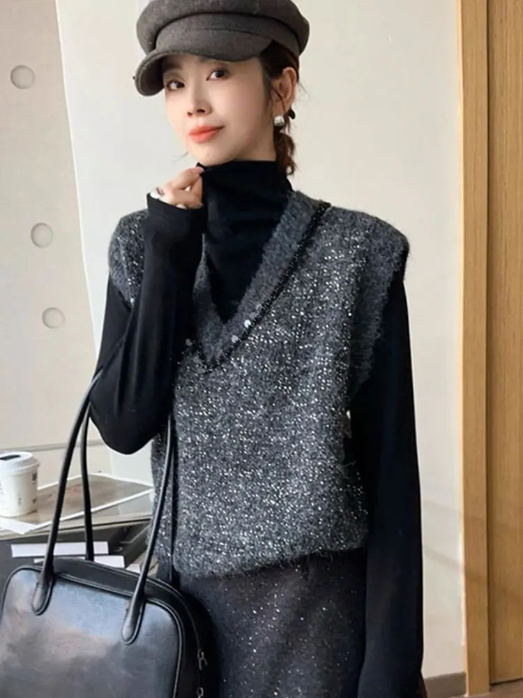 

Comfortable Casual Knitwear Svel V-Ne Sweater Vest Top Layering Design Early Autumn Faion Women's Premium Knitted Vest