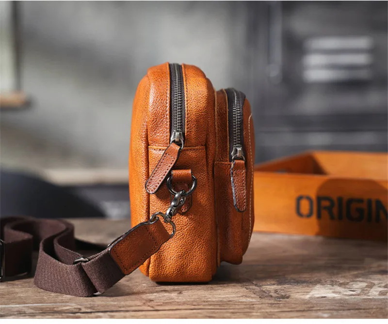 Mini bolso cruzado de cuero genuino ligero para hombres, bolso de hombro pequeño, bolso de teléfono de cuero de vaca de lujo informal simple, uso diario al aire libre, fin de semana