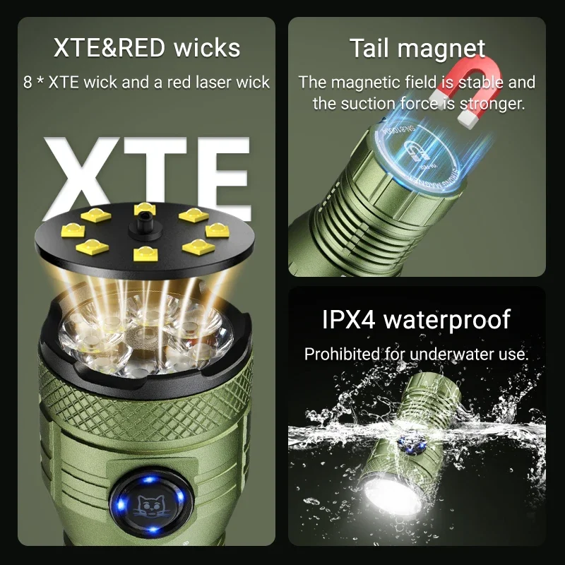 YEMAO F81X High Power Flashlight 8LED 2000 Lumens Rechargeable Flashlights Magnetic Work Light Alloy EDC Light LED Torches