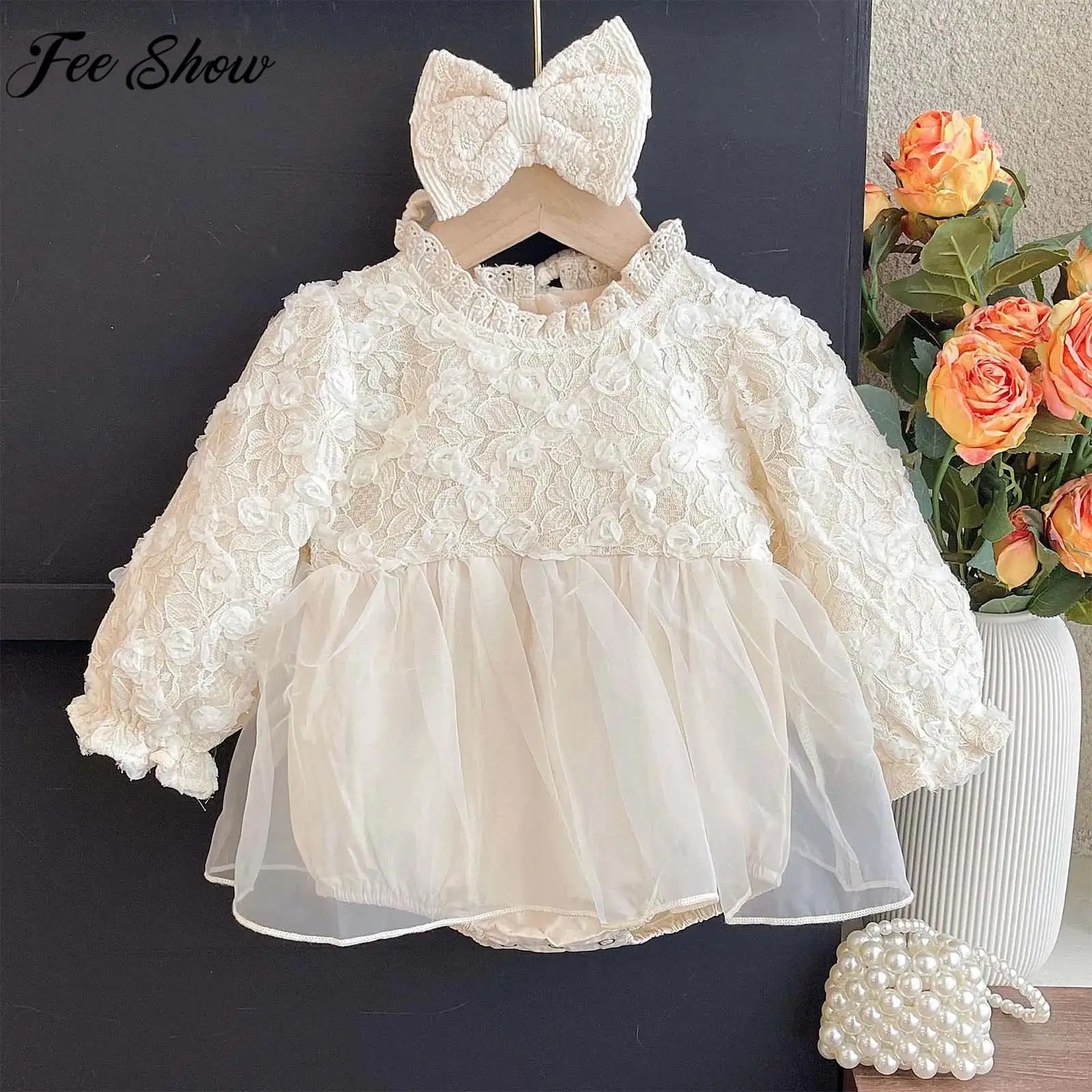 

Infant Girls Long Sleeve Sweet Cute Lace Floral Tulle Rompers Princess Dress with Headband Baptism Birthday Party Ball Gown