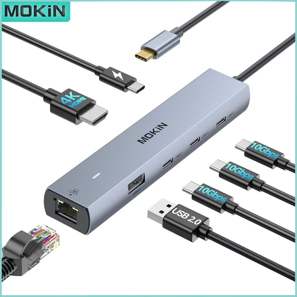 

MOKiN 7 в 1 USB-C Hub на 4K60 Гц HDMI, 3 USB3.1 10 Гбит/с, RJ45, PD 100 Вт адаптер-концентратор, для ноутбука MacBook Pro/Air HP
