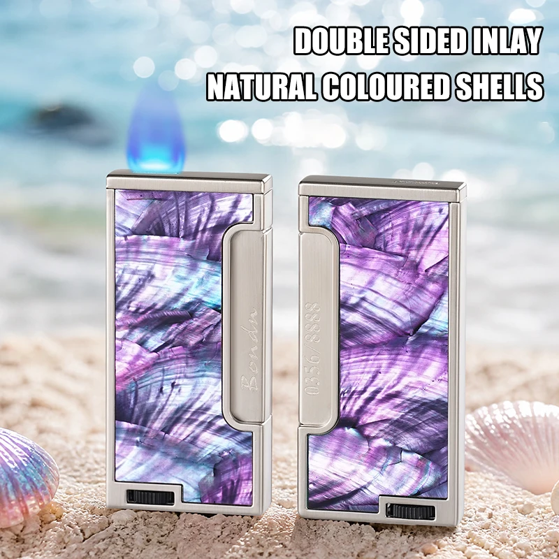 Double Sided Inlaid Natural Color Shell Flat Blue Flame Lighter Slim Body Side Press Ignition Cycle Inflation