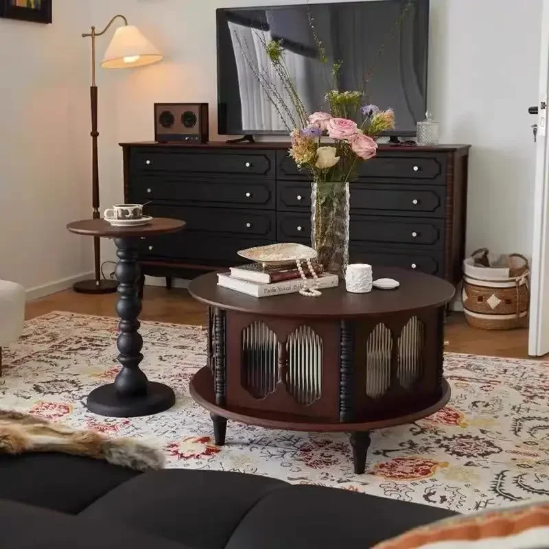 레트로 원목 커피 테이블 조합 소형 아파트 거실 고급스러운 느낌 중형 앤티크 원형 낮은 테이블
