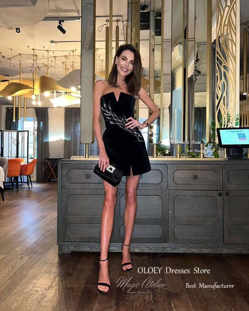 OLOEY Modern Black Velvet Short Cocktail Party Dresses Dubai Arabic Women Strapless Beads Pearls Mini Evening Formal Event Gowns