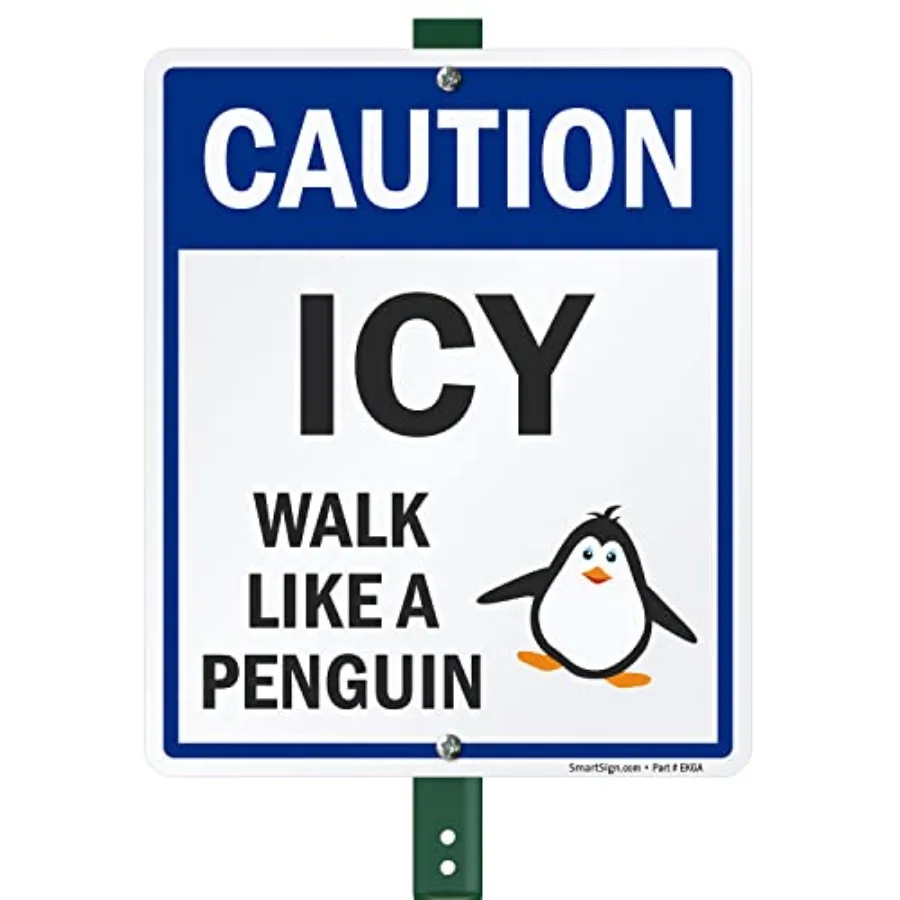 

12 x 10 inch "Caution - Icy, Walk Like A Penguin" LawnBoss Yard Sign with 3 foot Stake, 40 mil Laminated Rustproof Aluminum, Mu