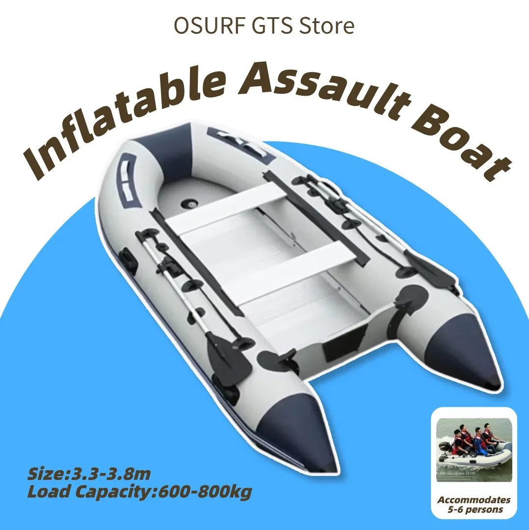 5–6 Person Inflatable Assault Boat 3.8m PVC Fishing Raft with Aluminum Floor, Anti-Collision Design & Rowing Accessories