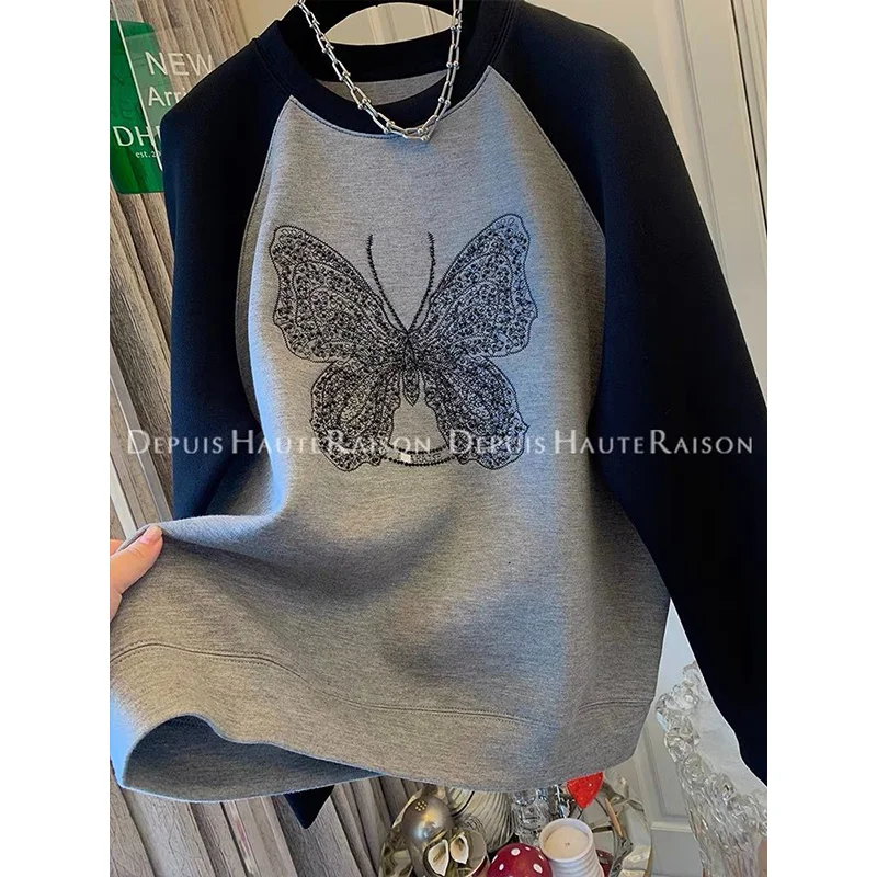 Spring Chic Butterfly Embroidery High Quality Cotton Sweatshirts Women Loose Casual O-neck Thick Vintage Long Sleeve Tops