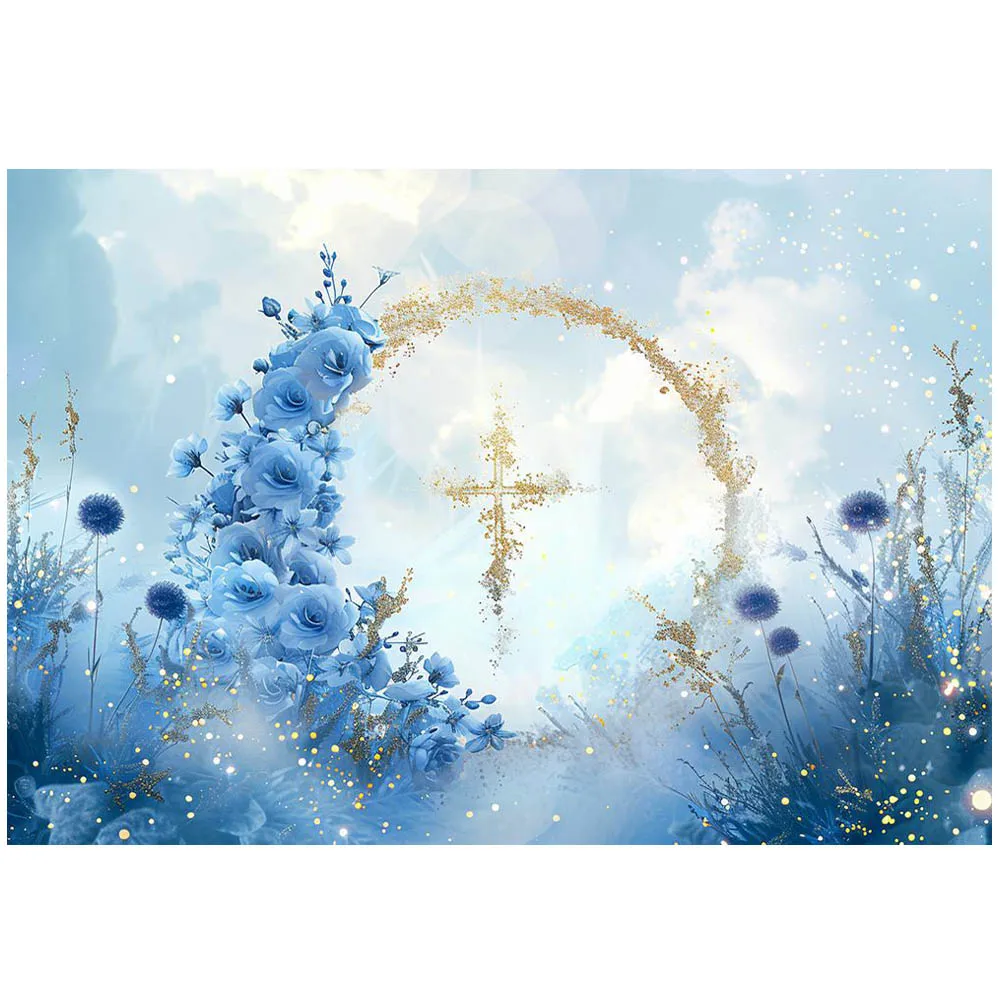 Mocsicka Neugeborenen Taufe Hintergrund blaue Blume Fantasie Gold Kreis Kreuz Jungen Taufe Party Dekor Hintergrund Fotoshooting Requisiten