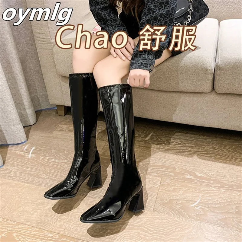 Long boots women\'s knee-high 2022new autumn and winter patent leather square-toe high boots rear zipper high-heeled knight boots