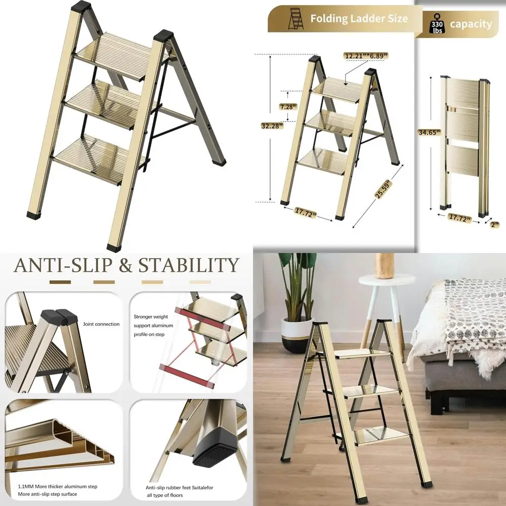 سلم ألومنيوم قابل للطي - سلم خفيف الوزن بثلاث خطوات مع ميزات مضادة للانزلاق للاستخدام المنزلي في المطبخ، مناسب للبالغين، كومبا