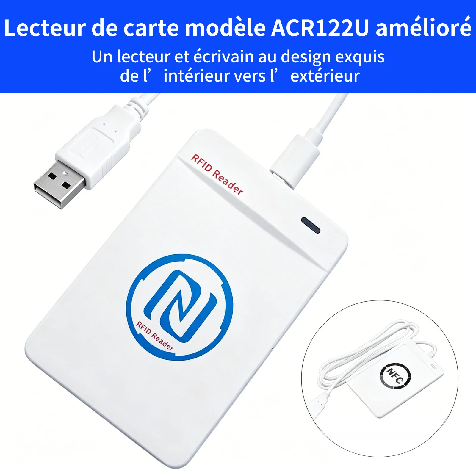 Modèle amélioré ACR122U Lecteur-copieur de cartes à puce sans contact USB, pour cartes d'accès et cartes IC, avec décryptage pour ascenseurs, 13.56MHZ