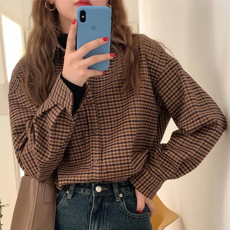 Autumn Woman Shirts Houndstooth Long Sleeve Tops HongKong Retro Style Comfortable Leisure Basic Casual All-match Popularity Chic