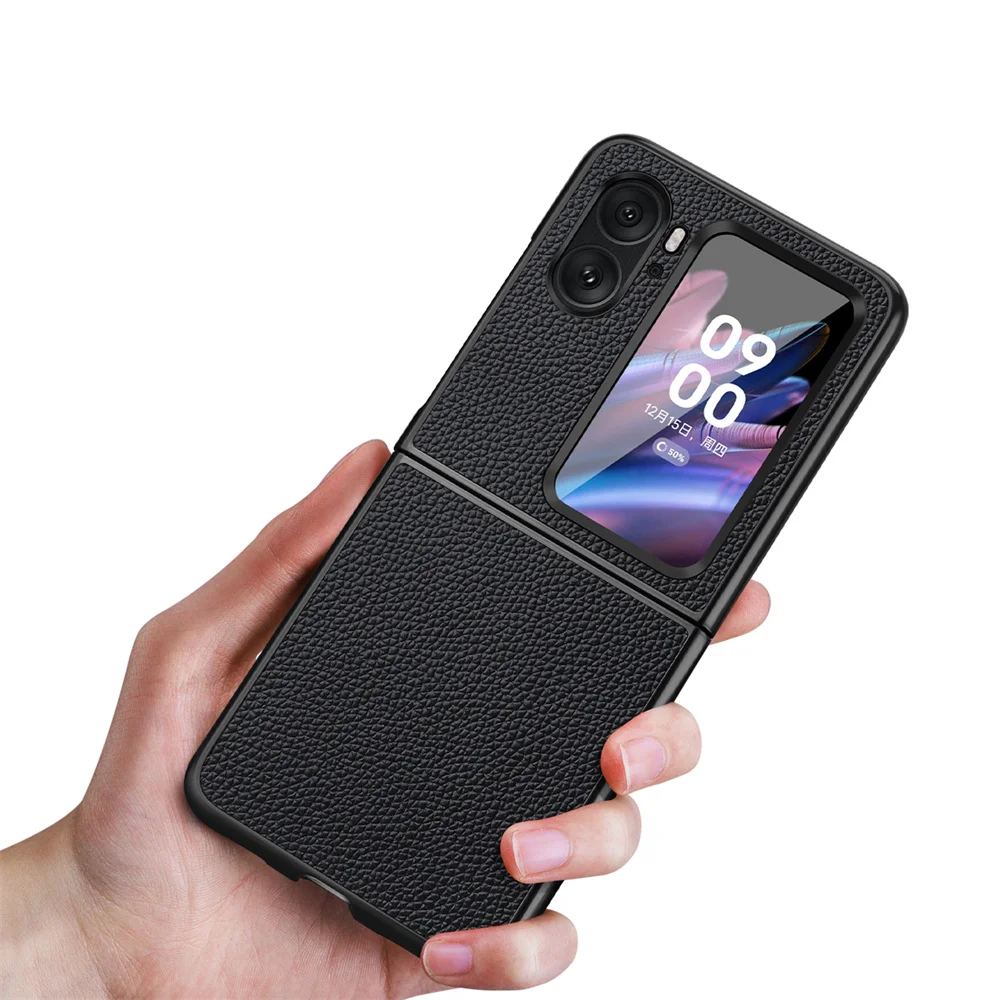 

Ultra-Thin Litchi Pattern Genuine Leather Case for OPPO Find N2 Flip Shockproof Folding Protective Cover Funda Capa