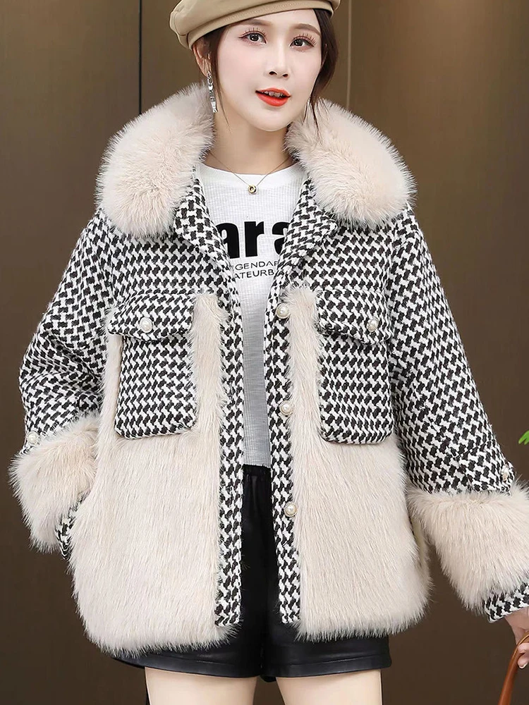 

KBAT Vintage Small Fragrance Tweed Jacket Winter Fluffy Faux Fur Warm Parkas Women Plaid Outwear