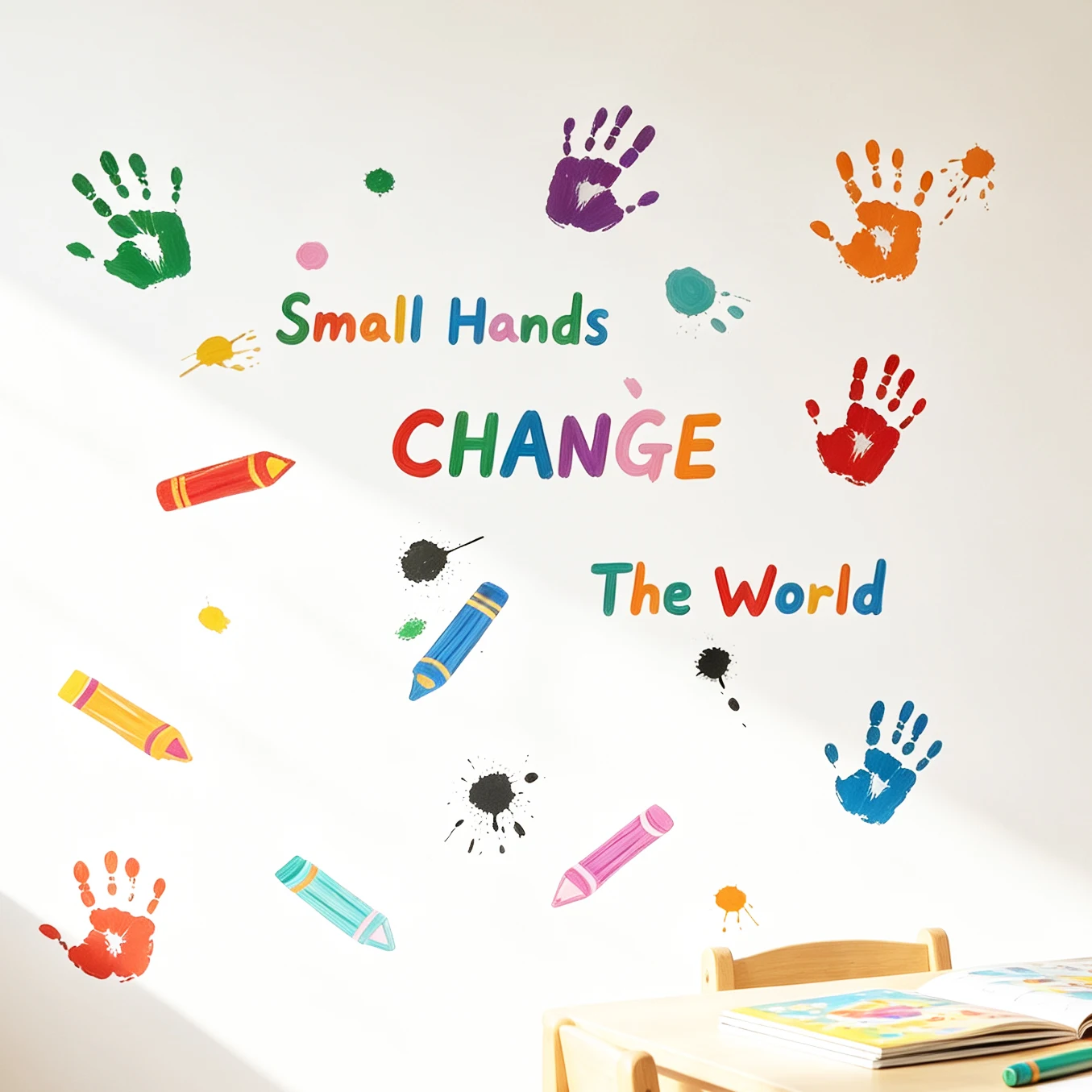 Small Hands Change The World Wall Stickers Colorful Handprint Crayon Paint Splatter Wall Decals Removable Kids Classroom Nursery