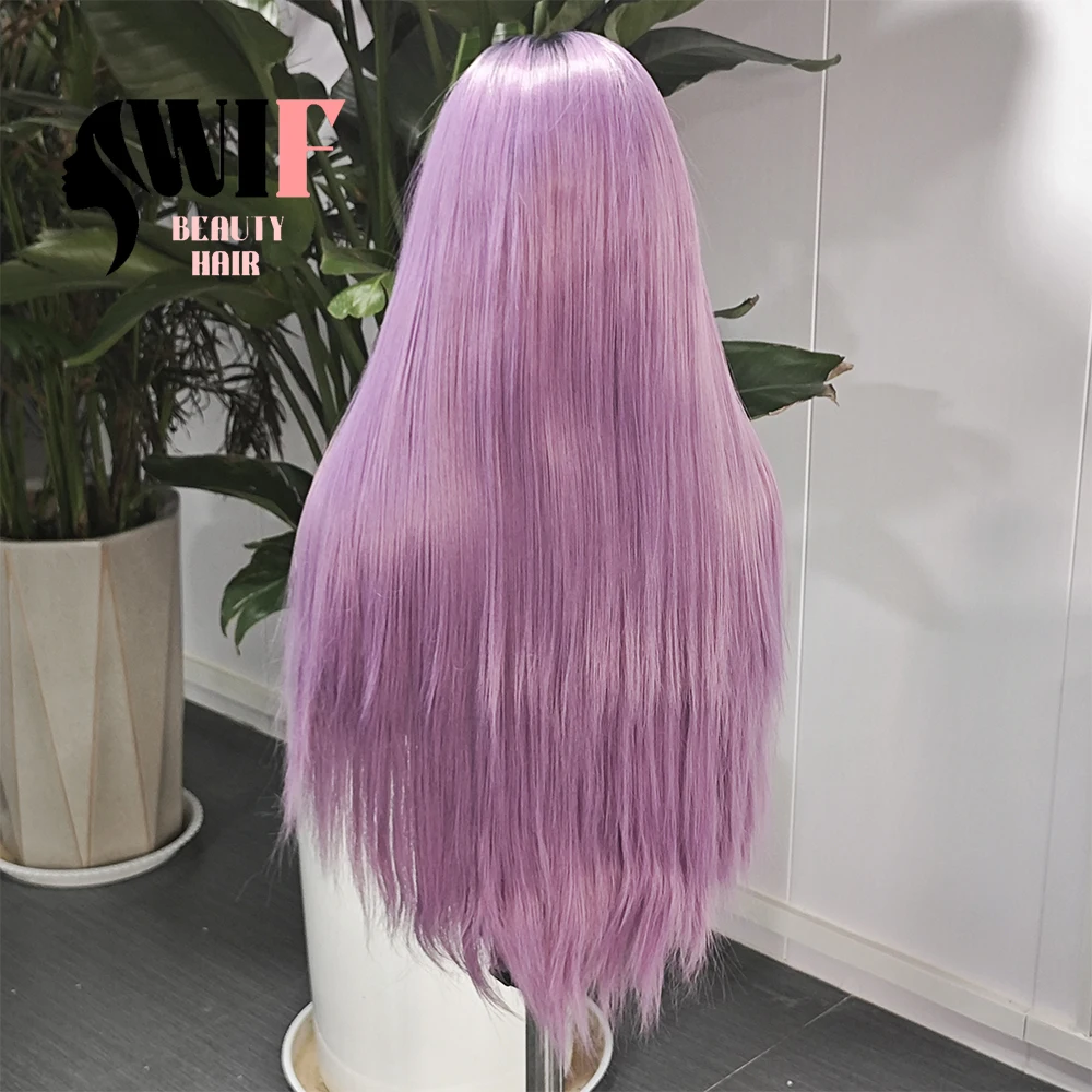 Wif Ombre Ash Peruca Sintética Roxo, Lace Part, Cabelo Liso, Raiz Preta, Lace Front Perucas, Uso Cosplay, Maquiagem, 13 × 6