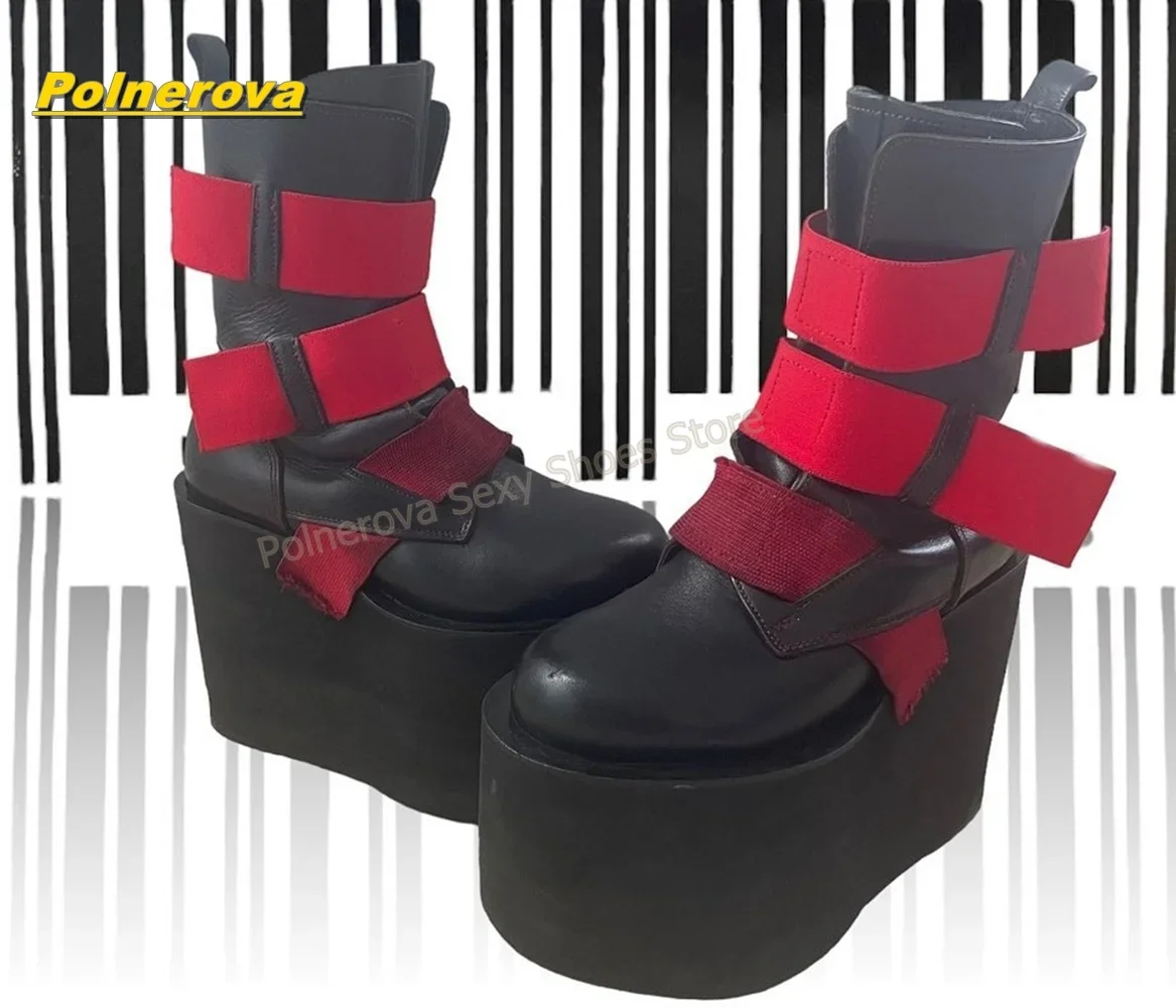 Botas Góticas Punk Negras y Rojas con Tiras, Plataforma y Cuña, Combinación de Colores, Aumento de Altura, Estilo Urbano Y2K, Botas a Media Pantorrilla, Novedad 2026