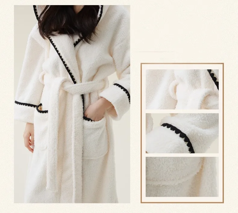 Women Extra Long Warm Flannel Hooded Bathrobe Female 2024 Winter New Coral Fleece Bath Robe Cozy Dressing Gown Spa Sleepwear