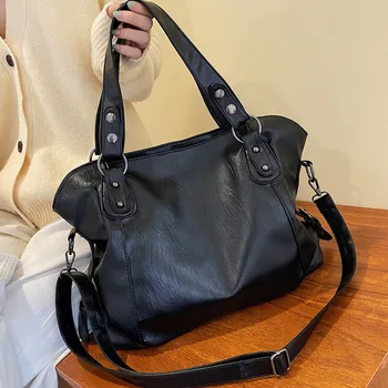 Women's Large Black Shoulder Bags Big Hobo Shopping Bag Solid Color Quality Soft Leather Crossbody Bag Ladies Travel Tote Bag