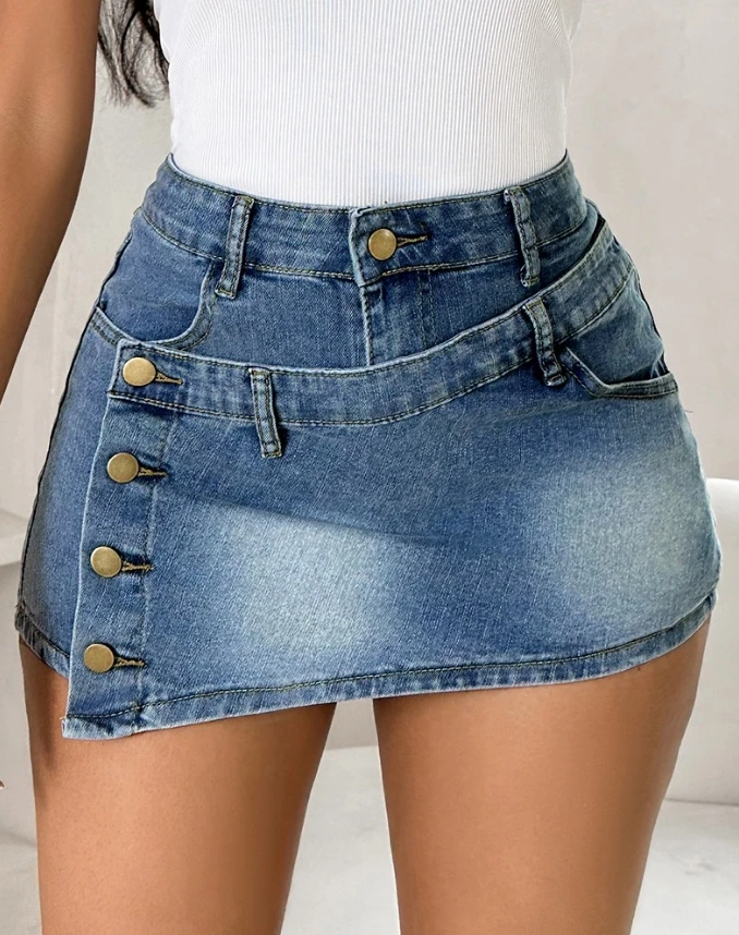 

Women's Denim Shorts 2024 Summer Vacation Fashion Solid Color Pocket Design Buttoned Washed Asymmetrical Skinny Denim Skorts