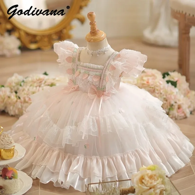 

Baby Girls Lolita Princess Dress Summer 2026 New Childrens Feifei Sleeve High End Mesh Embroidery Bow Birthday Party Ball Gown