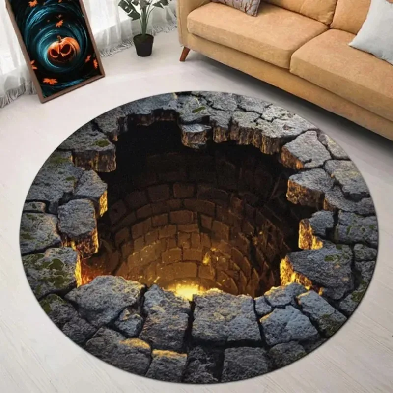 Golden Glow 3D Illusion Rug Christmas Pit Hole Carpet Cozy Warm Holiday Decor Mat Unique Xmas Gift Home Decoration