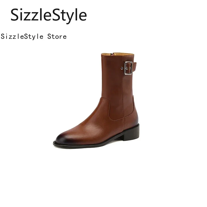 

Модные матовые двухслойные женские полусапожки из воловьей кожи с металлической пряжкой и круглым носком, удобные женские короткие сапоги на толстом каблуке