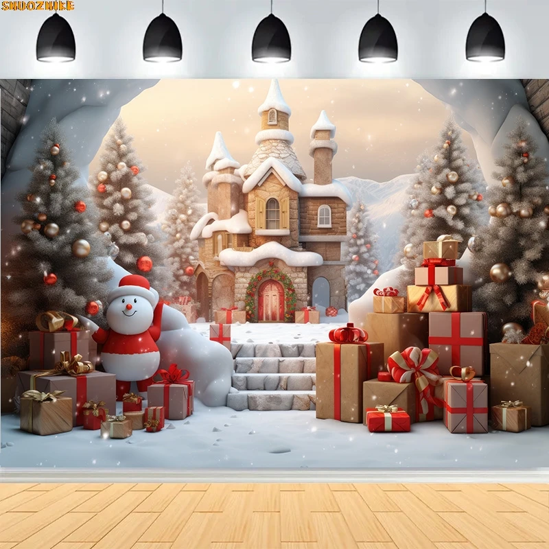 

Christmas Day Wreath Family New Year Party Photography Backdrops Prop Window Living Room Xmas Tree Gift Snow Background BV-12