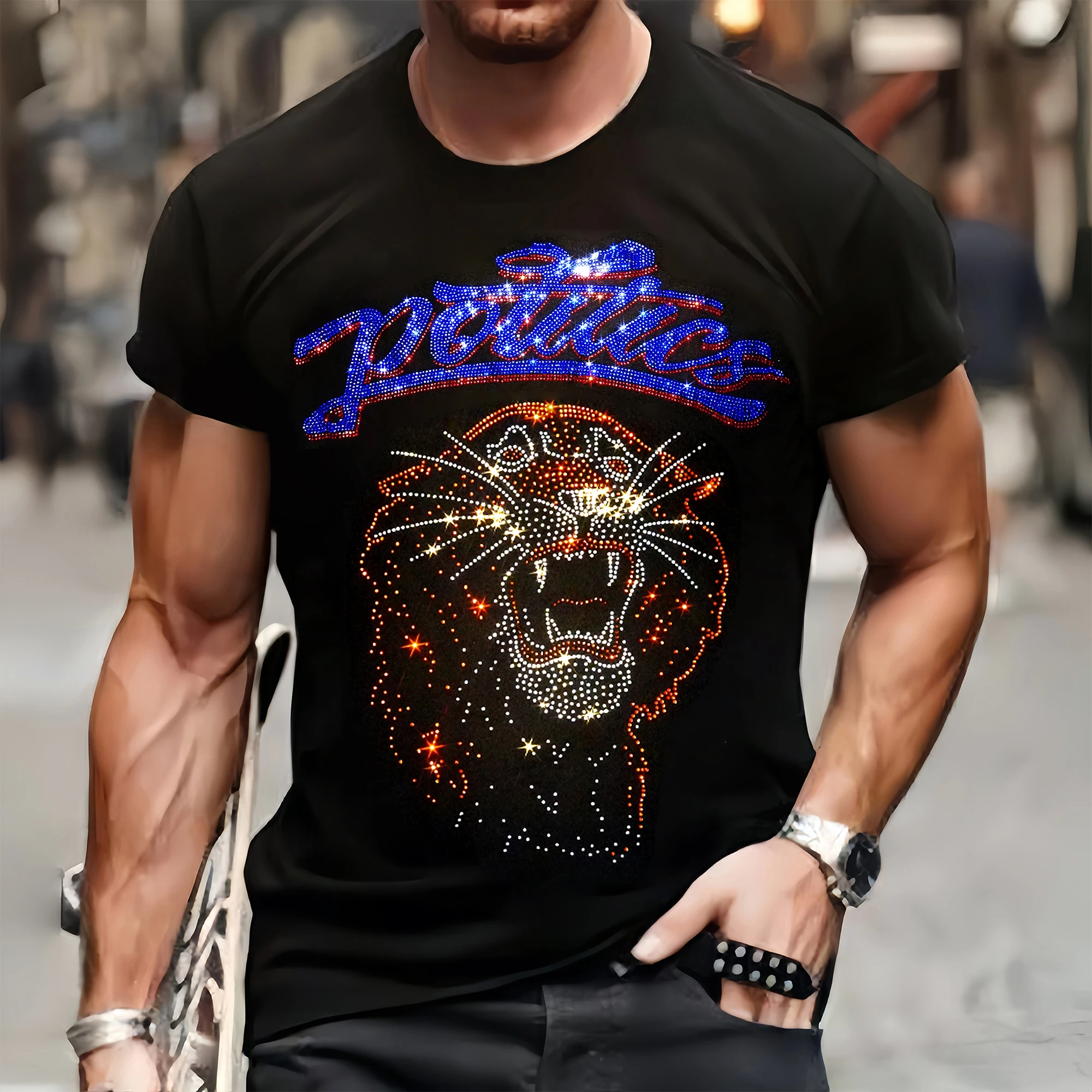 S-3XL Luxury Mens Quality T-Shirts Autumn Casual Street Short Sleeve Clothing Tee Tops O-Neck Tiger Rhinestone Campus Tshirt Y2k