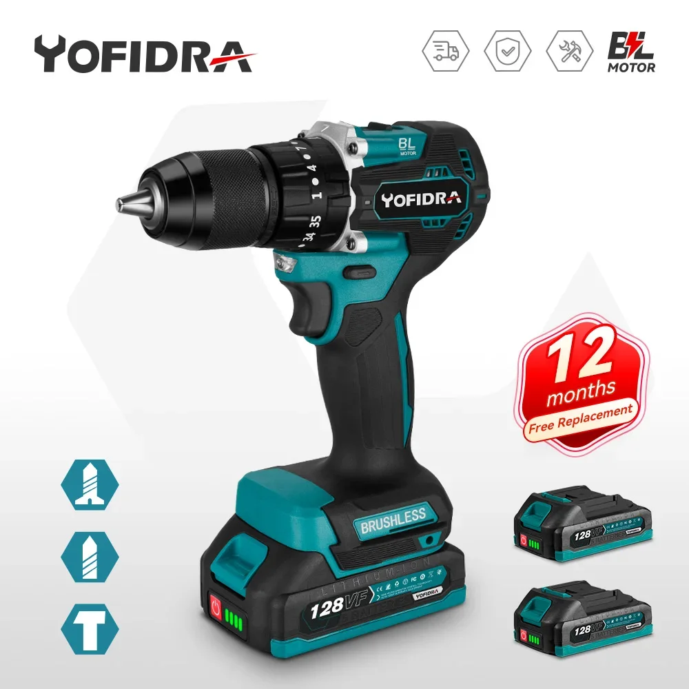 Yofidra 13mm Brushless Electric Impact Drill 35+3 Torque Multifunction Electric Screwdriver Home DIY Tools For Makita 18VBattery