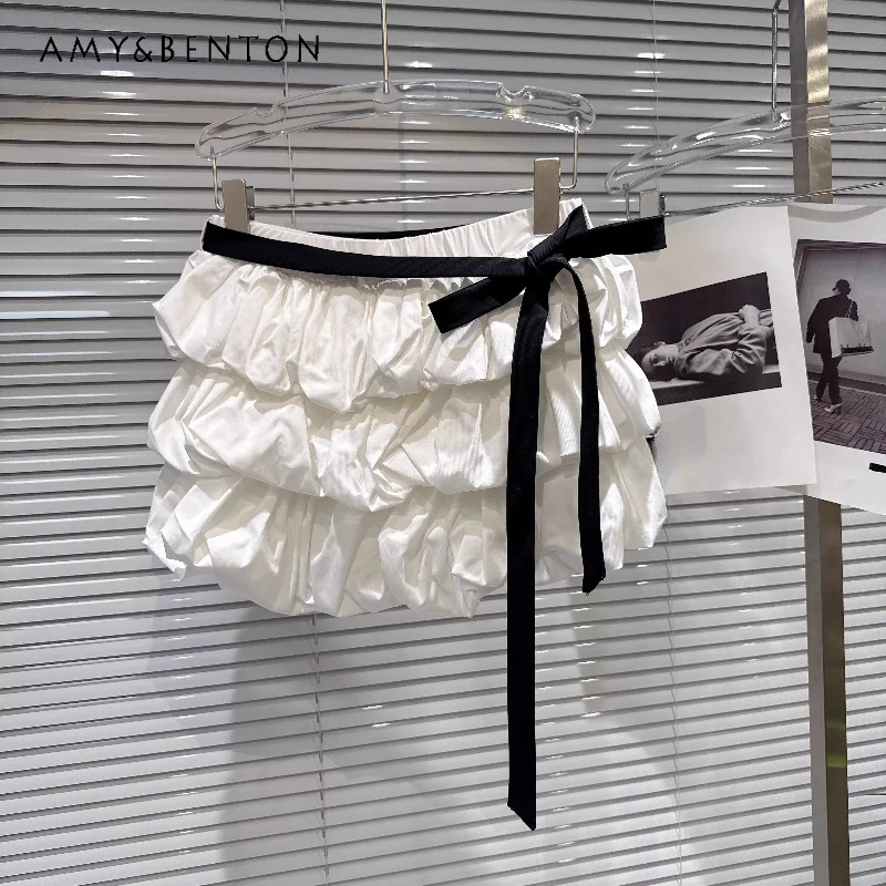 

French Design Sweet Temperament Strap Bow Multi-layer Women's Skirt 2026 Summer New White Fashion Versatile Short Skirts Ladies