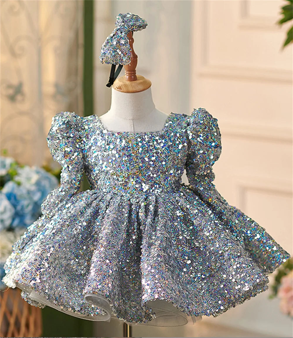 فستان بناتي مزين بالترتر الفضي بأكمام طويلة منتفخ مناسب لحفلات أعياد الميلاد وحفلات الزفاف والمناسبات الأخرى