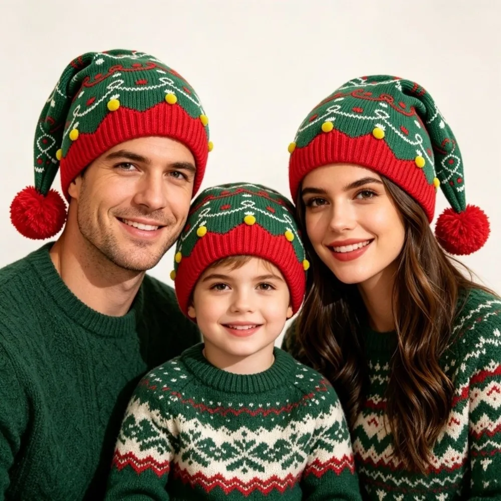 Fashion Jacquard Christmas Hat Red Green Patchwork Color Warm Knitted Wool Cap Parent Child Hat Gift Christmas Knitting Hat Men