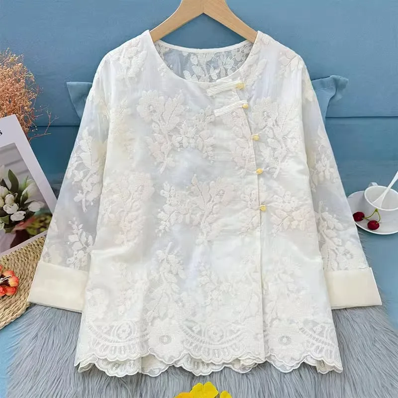 

Новый китайский тонкий кардиган для женщин, летняя легкая вышитая солнцезащитная верхняя одежда с косыми пуговицами и крючками, полые S...