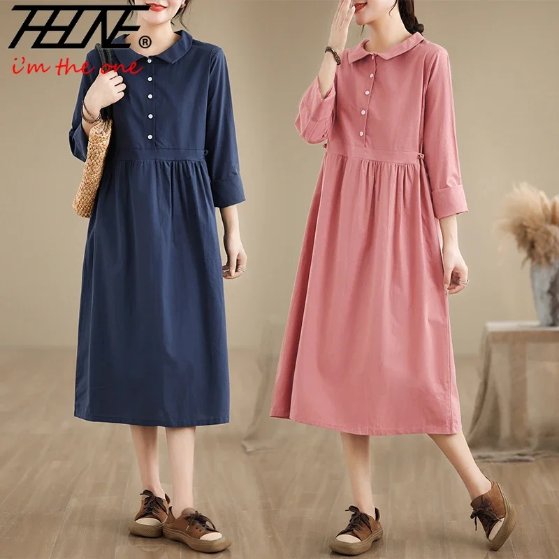 Autumn Dress Women Long Sleeve Casual Solid Cotton Linen Peter Pan Collar Vintage Korean Loose Chinese Dresses Vestidos De Mujer image 3