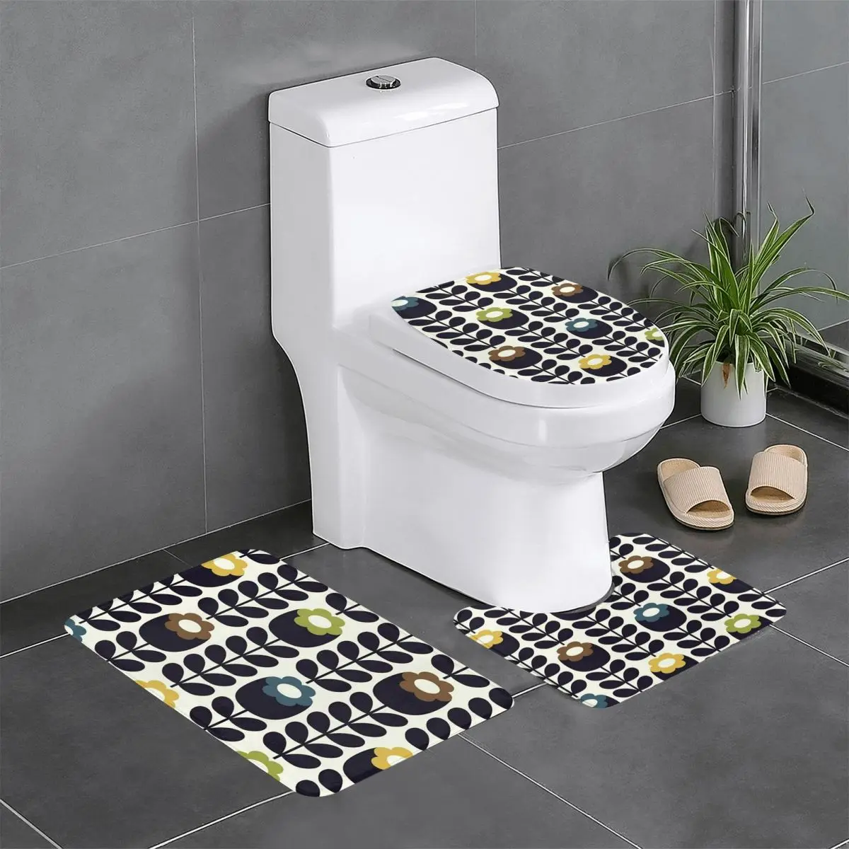 Custom Orla Kiely Floral Fabric Bathroom Rugs Sets Non Slip Absorbent Scandinavian 3 Pieces Bath Toilet Rugs Mats