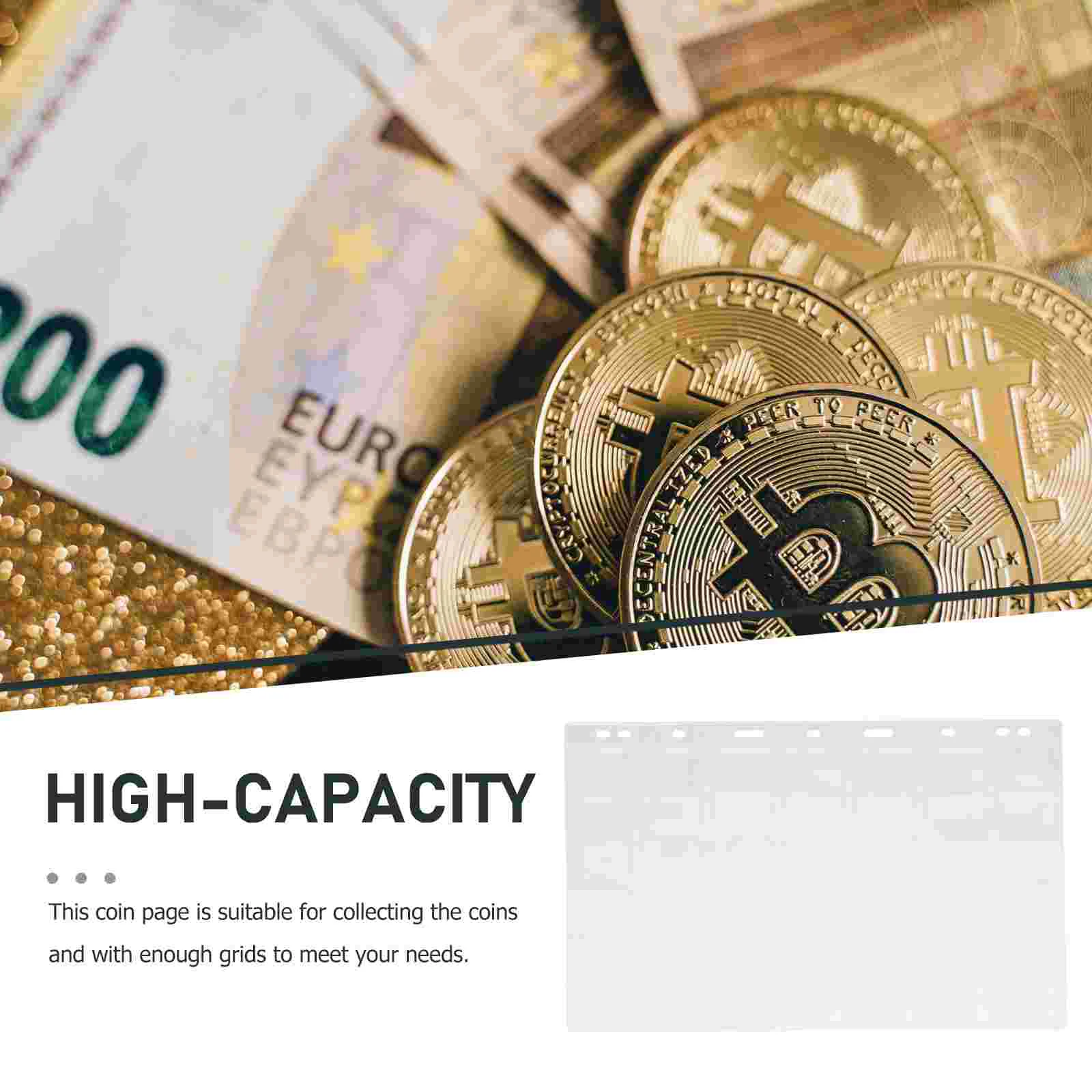 10 hojas de soportes de página de colección de monedas, cajas de recolección de despensa, Clips de carpeta, Protector de moneda
