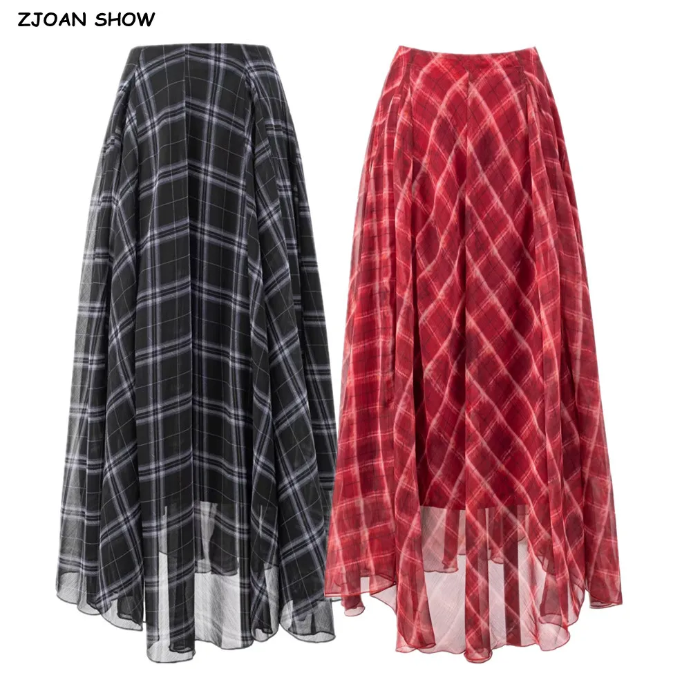 Fashion Tie-dye Checked Plaid Print Maxi Long Asymmetry Skirt Women Zipper High Waist Floor Length A-line Skirts Femme Sakers