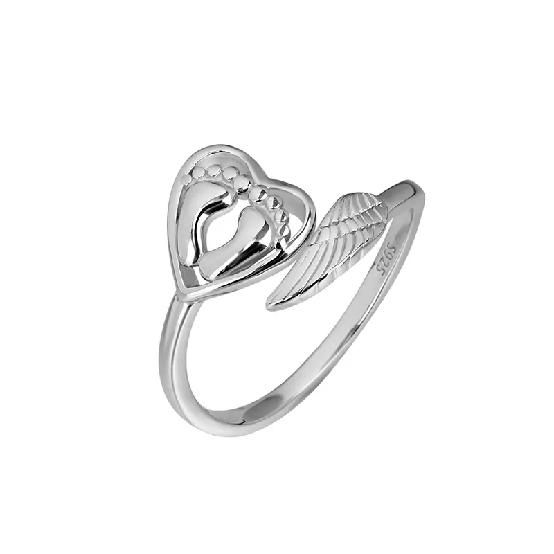 925 sterling silver, footprints, heart-shaped personality ring, female angel wing ring, release unique charm, adjustable opening