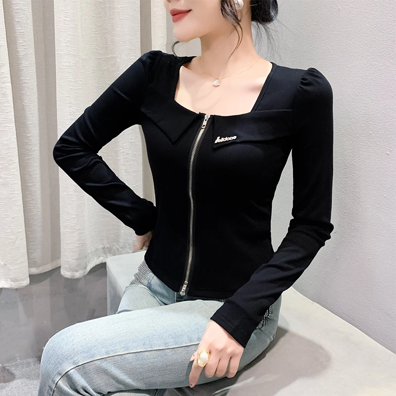 Faionable Bla White Striped Women's Long Sve T-irt Sexy Square Collar Zipper Slit Slim Fit Versatile Base irt