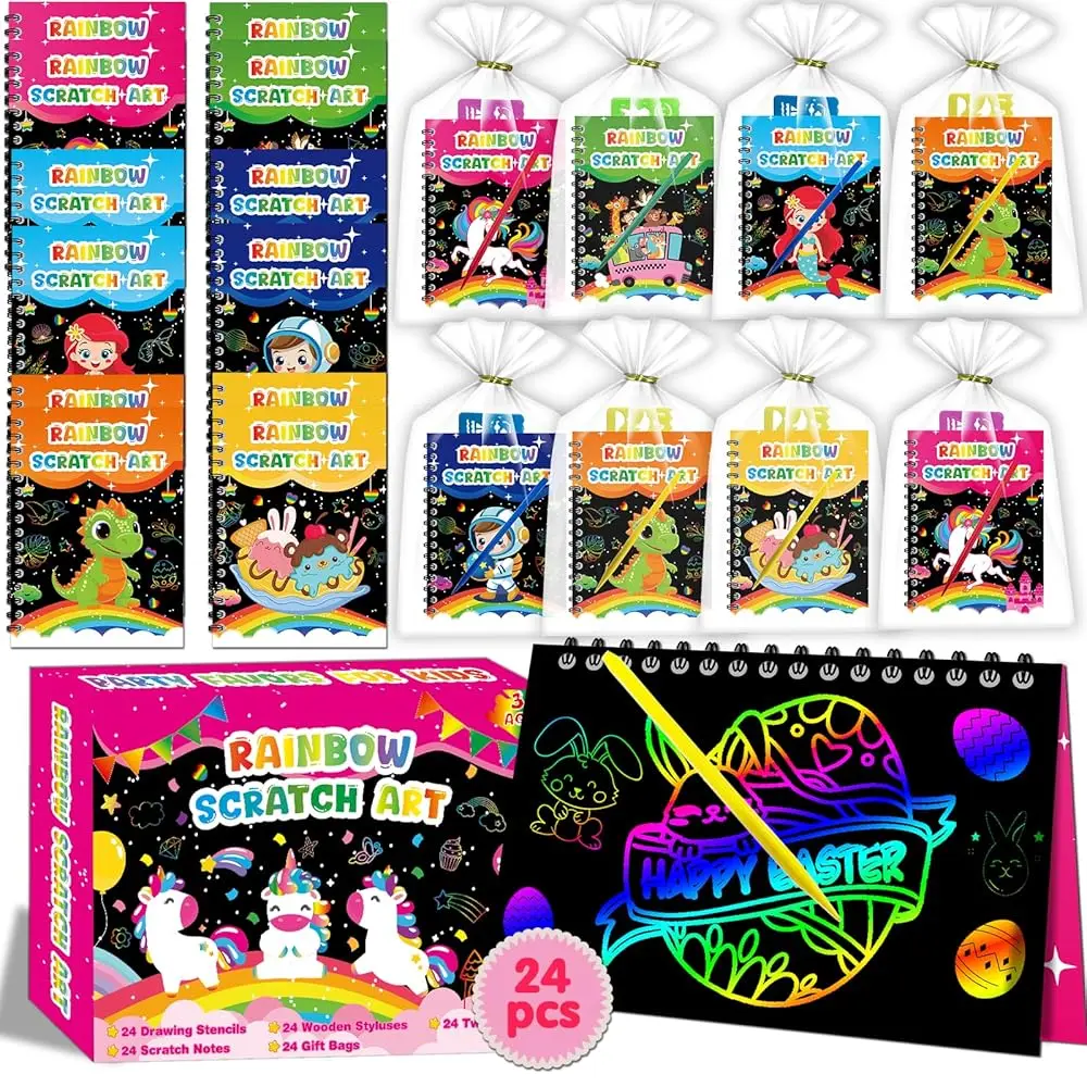 24 Pack Scratch Art Party Favors for Kids 8-12, Rainbow Scratch Notebook Crafts Set, Birthday Party Favors for Kids 4-8, Col