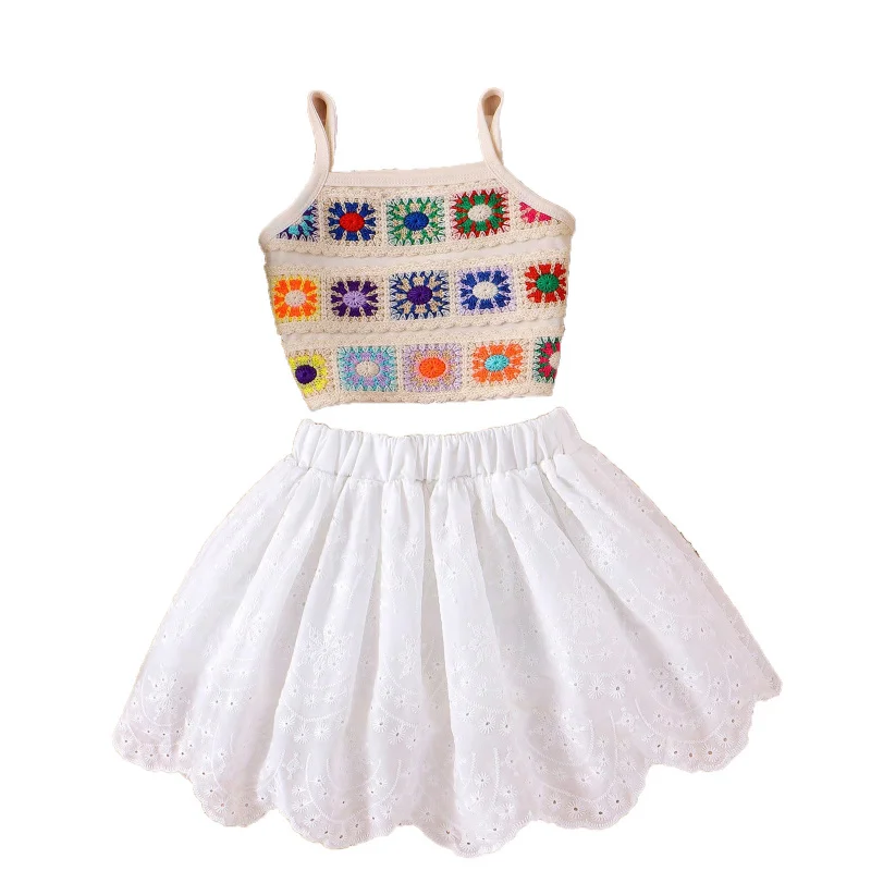 

French Retro Children's Dress Summer Girls Dopamine Strap Vest Lace Ruffle Skirt Set