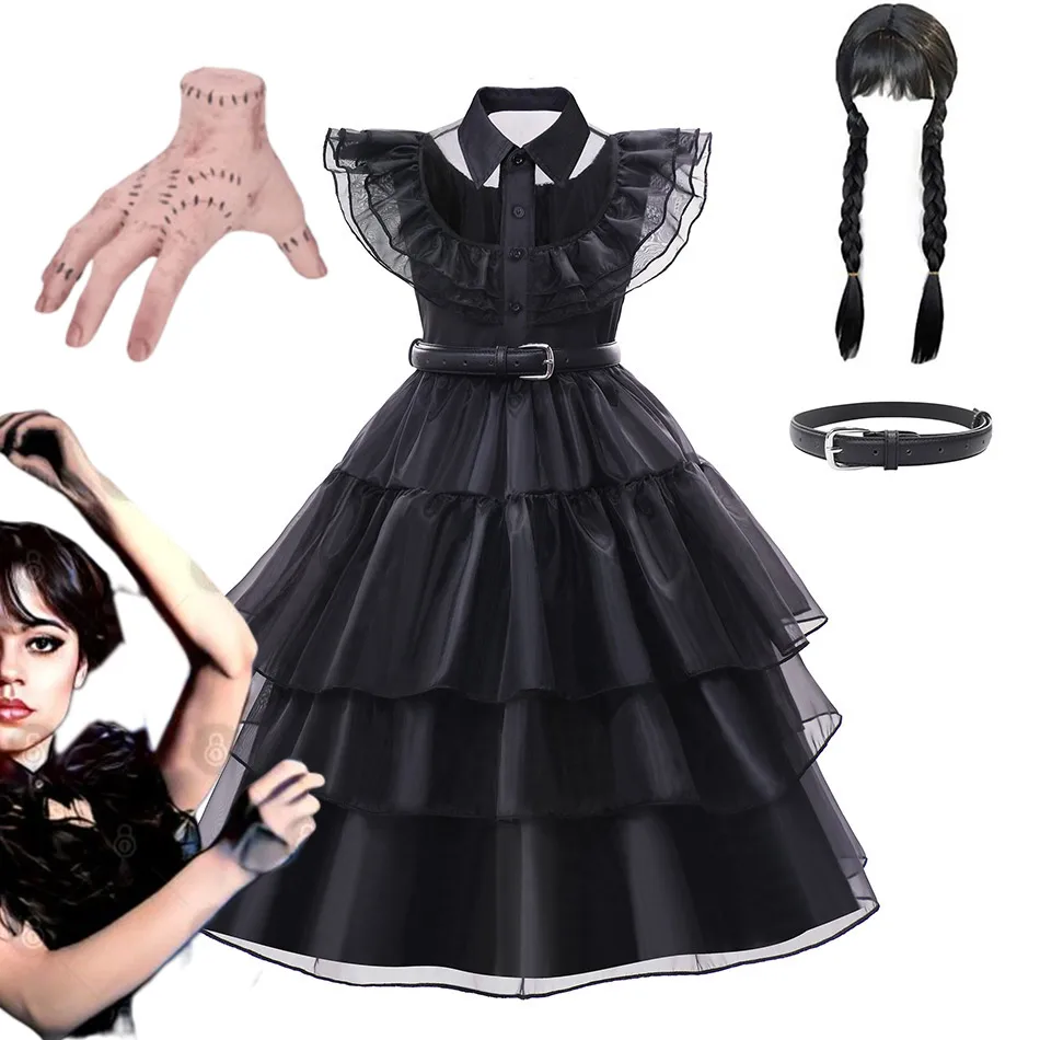 

Wedneday Dance Cosplay Costume for Girls Black Ball Gown Kids Gothic Princess Dress Prom Frock TV Addams Party Outfit