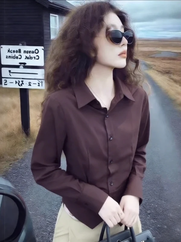 

Женский топ большого размера из чистого хлопка кофейного цвета с воротником, длинный рукав, весна 2026, приталенный, асимметричный, универсальный