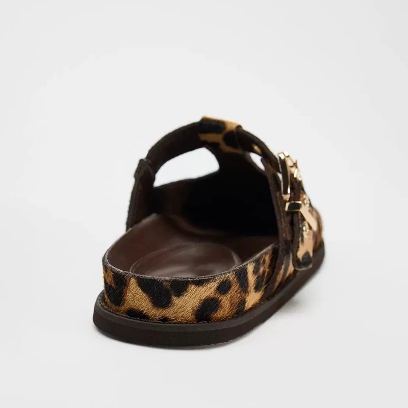 TRAF Leopard Print Closed Toe Flatform Slippers Women Round Head Thick Sole Slingback Shoes Animal Print Flat Slipper For Woman