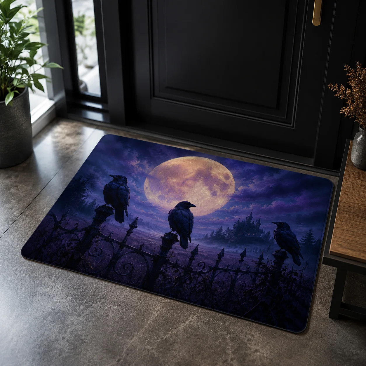 VIKAMA Three Crows Castle Halloween Doormat Non Slip Indoor Outdoor Rug Gothic Spooky Full Moon Front Entrance Door Mat