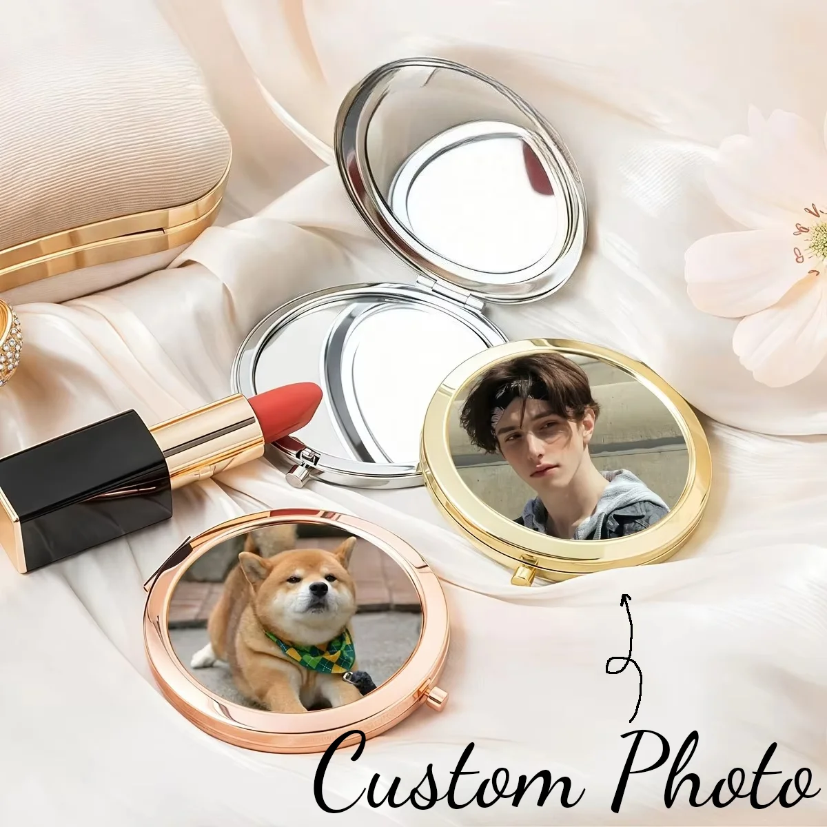 Custom Photo Compact Mirror Elegant Finish Vintage-Inspired Pocket Makeup Mirror Personalized Picture Wife Mom Girlfriend Gifts