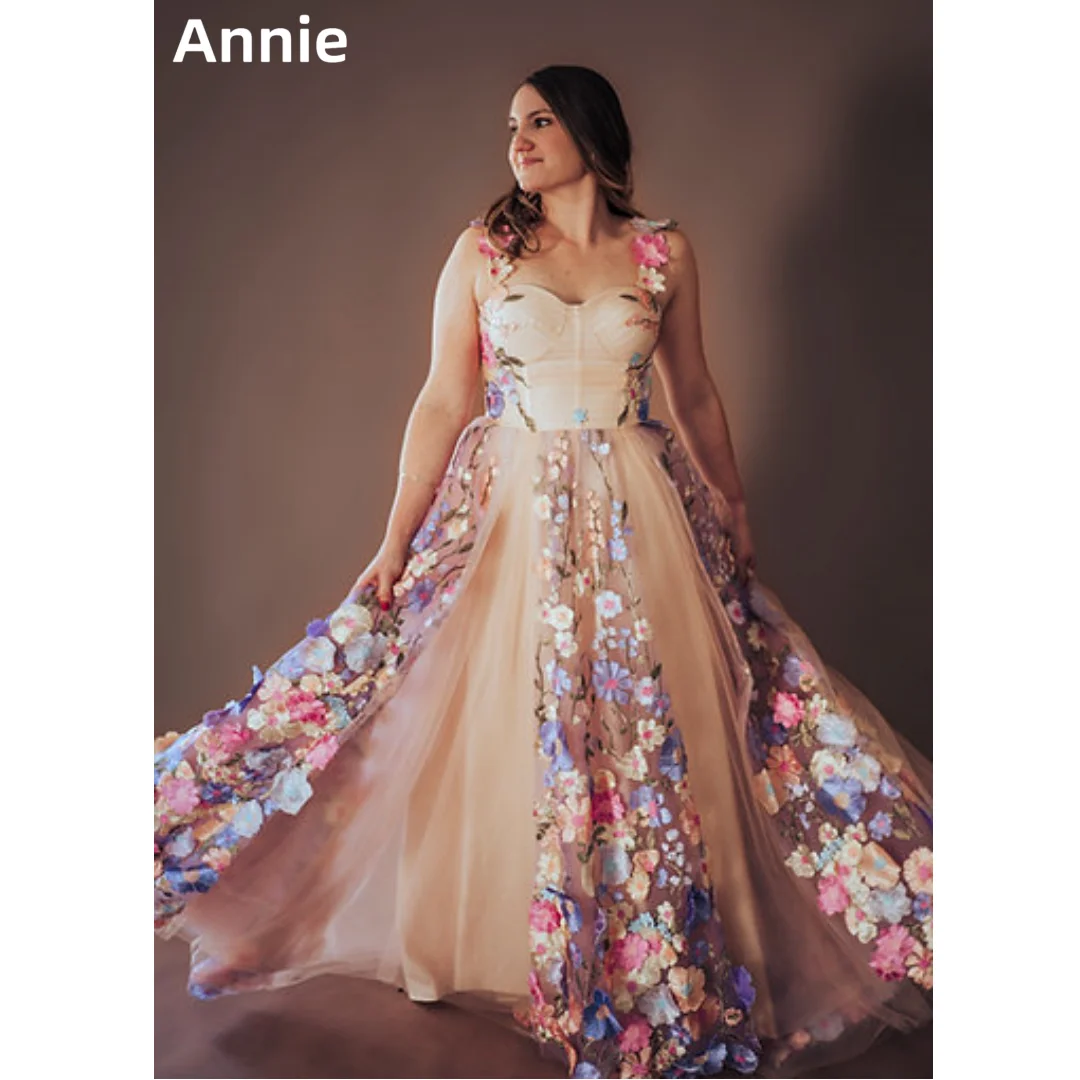 Annie Champagne Princess Wedding Dress 3D Embroidery Flowers Prom Dresses Sexy Off-shoulder A-line Tulle Bespoke OccasionDresses