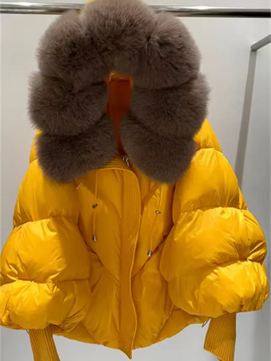 Jaket Musim Dingin Wanita 2025 dengan Lapisan PU dan Kerah Bulu Besar untuk Kehangatan. Jaket Y2K Modis Berkualitas Tinggi
